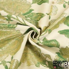 Brocart de luxe motif grande fleur baroque chute libre lurex or clair fond jaune pastel