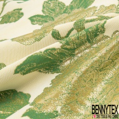 Brocart de luxe motif grande fleur baroque chute libre lurex or clair fond jaune pastel