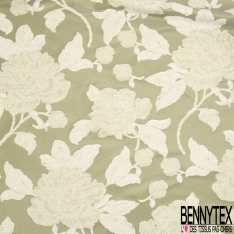 Brocart de luxe motif grande fleur baroque gazon lurex or clair fond jaune pastel