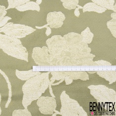 Brocart de luxe motif grande fleur baroque gazon lurex or clair fond jaune pastel