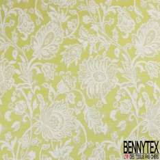 Brocart de luxe motif grande fleur baroque chute libre lurex or clair fond jaune pastel