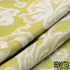 Brocart de luxe motif grande fleur baroque chute libre lurex or clair fond jaune pastel