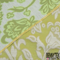 Brocart de luxe motif grande fleur baroque chute libre lurex or clair fond jaune pastel