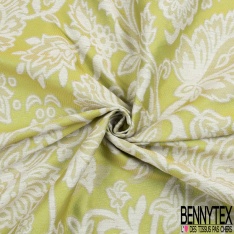 Brocart de luxe motif grande fleur baroque chute libre lurex or clair fond jaune pastel