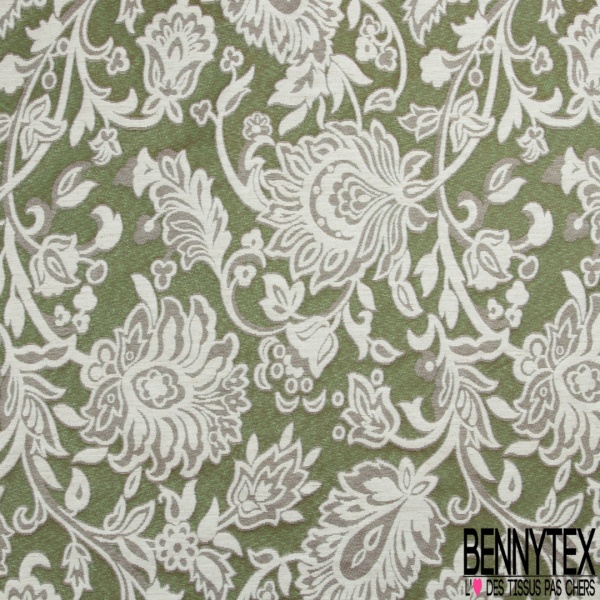 Brocart de luxe motif grande fleur baroque vert fluo fond chinégris clair lurex anis