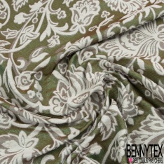 Brocart de luxe motif grande fleur baroque vert fluo fond chinégris clair lurex anis