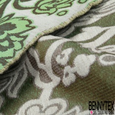 Brocart de luxe motif grande fleur baroque vert fluo fond chinégris clair lurex anis