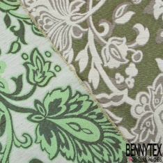 Brocart de luxe motif grande fleur baroque vert fluo fond chinégris clair lurex anis