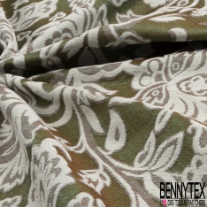 Brocart de luxe motif grande fleur baroque vert fluo fond chinégris clair lurex anis