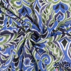 Voile de coton suisse imprimé baroque fondu ton navy bleu vif vert de pierre fond blanc optique