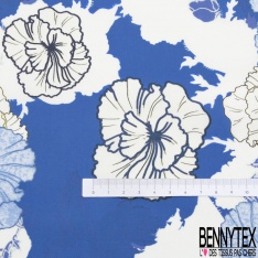 Popeline suisse coton imprimé floral japonisant ton blanc bleu outremer