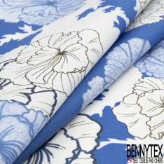 Popeline suisse coton imprimé floral japonisant ton blanc bleu outremer