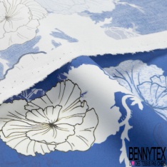 Popeline suisse coton imprimé floral japonisant ton blanc bleu outremer