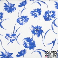 Fibranne viscose imprimé floral cachemire ton bleu fond blanc discret