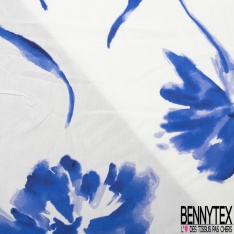 Fibranne viscose imprimé floral cachemire ton bleu fond blanc discret