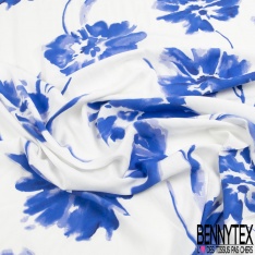 Fibranne viscose imprimé floral cachemire ton bleu fond blanc discret