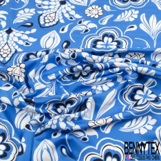 Fibranne viscose imprimé floral bleu klein aquarelle fond blanc optique