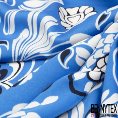 Fibranne viscose imprimé floral bleu klein aquarelle fond blanc optique