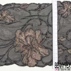 Bande résille noir de Calais élasthanne festonnée broderie florale souris gris clair