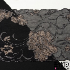 Bande résille noir de Calais élasthanne festonnée broderie florale souris gris clair