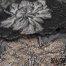 Bande résille noir de Calais élasthanne festonnée broderie florale souris gris clair