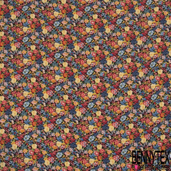 Crêpe viscose digital imprimé petit bouquet floral rétro fond noir