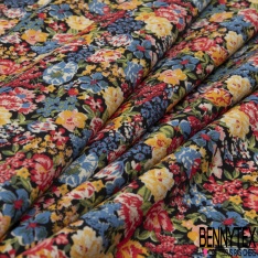 Crêpe viscose digital imprimé petit bouquet floral rétro fond noir