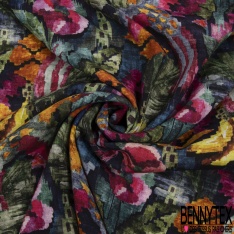 Crêpe viscose digital imprimé petit bouquet floral multicolore fond noir