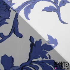 Mousseline crêpe polyester crépon imprimé floral cachgemire abstrait bison fond bleu barbeau