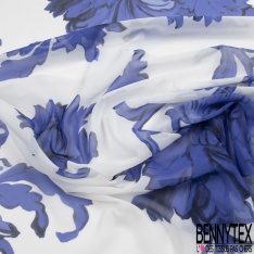 Mousseline crêpe polyester crépon imprimé floral cachgemire abstrait bison fond bleu barbeau