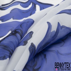 Mousseline crêpe polyester crépon imprimé floral cachgemire abstrait bison fond bleu barbeau