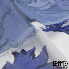 Mousseline crêpe polyester crépon imprimé floral cachgemire abstrait bison fond bleu barbeau