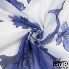 Mousseline crêpe polyester crépon imprimé floral cachgemire abstrait bison fond bleu barbeau