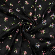 Satin polyester jacquard crêpon imprimé digital floral abstrait et gros pois noir rouge fushia