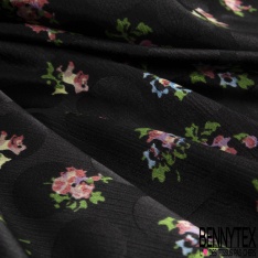 Satin polyester jacquard crêpon imprimé digital floral abstrait et gros pois noir rouge fushia