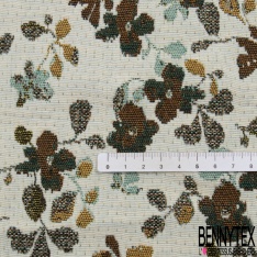 Jacquard imprimé floral champêtre coloris d'automne fond blanc discret