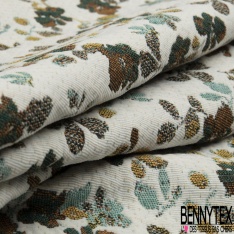 Jacquard imprimé floral champêtre coloris d'automne fond blanc discret