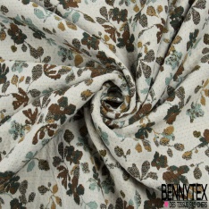 Jacquard imprimé floral champêtre coloris d'automne fond blanc discret