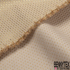 Jacquard polyester coton motif losange ocre blanc discret lurex or