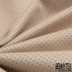 Jacquard polyester coton motif losange ocre blanc discret lurex or