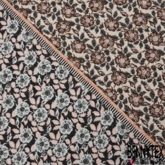 Jacquard imprimé pied de coq stylisé noir blanc framboise fond rose trémière