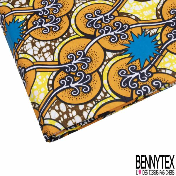 Wax Africain N 810 Motif Branche Fantaisie Blanche Et Explosion Bleu Fond Marbré Jaune Ocre