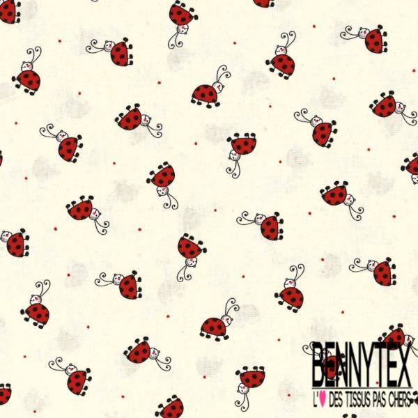 Coton Cretonne Imprime Motif Petite Coccinelle Rigolote Fond Blanc Casse Bennytex Vente De Tissus Pas Cher Au Metre